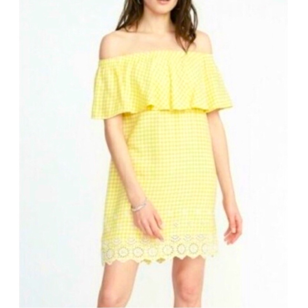 NWT Old Navy Yellow Gingham off shoulder linen dress sz small